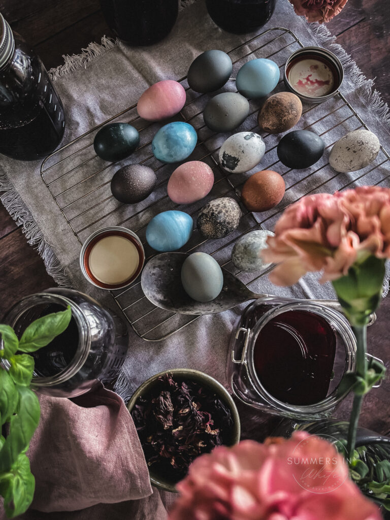 Naturally Dyed Easter Eggs with Jars of dye